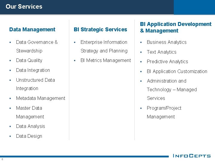 Our Services Data Management § Data Governance & BI Strategic Services § Stewardship Enterprise