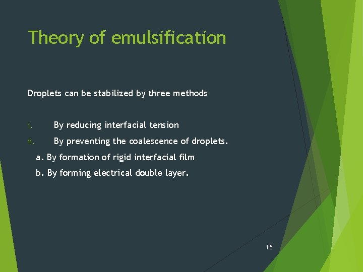 Theory of emulsification Droplets can be stabilized by three methods i. By reducing interfacial