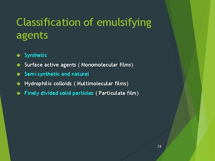 Classification of emulsifying agents Synthetic Surface active agents ( Monomolecular films) Semi synthetic and