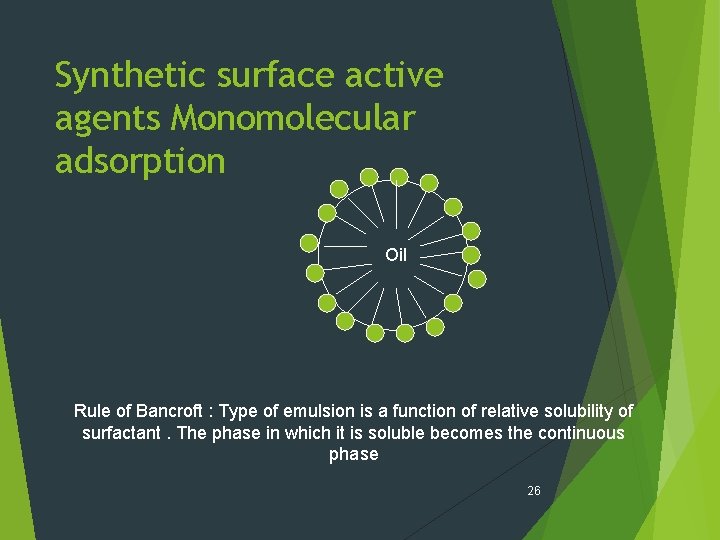 Synthetic surface active agents Monomolecular adsorption Oil Rule of Bancroft : Type of emulsion