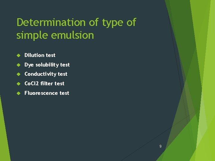 Determination of type of simple emulsion Dilution test Dye solubility test Conductivity test Co.