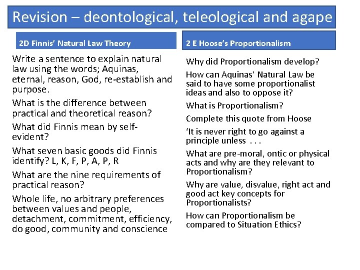 Revision – deontological, teleological and agape 2 D Finnis’ Natural Law Theory Write a