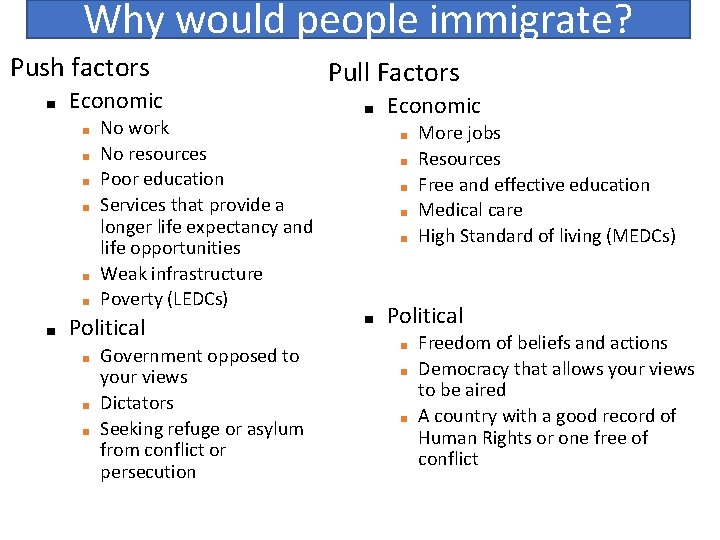 Why would people immigrate? Push factors ■ Economic ■ ■ ■ ■ No work