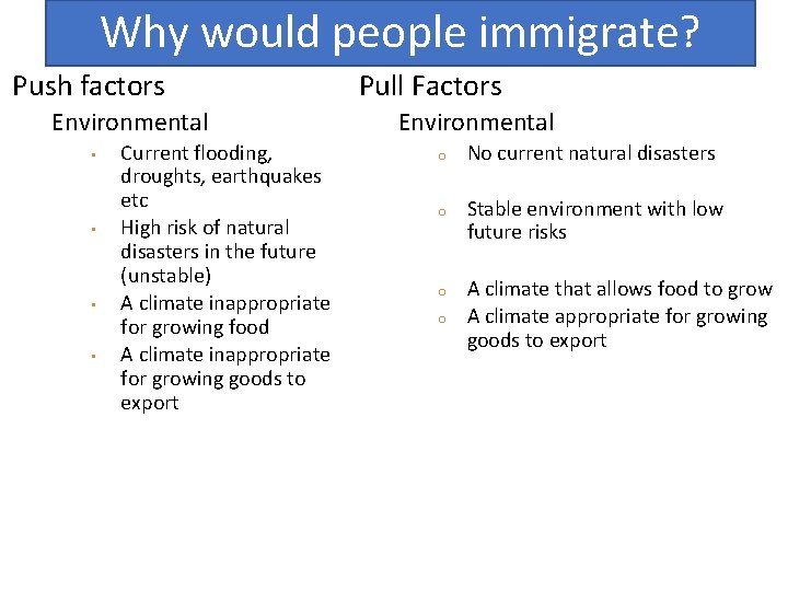 Why would people immigrate? Push factors Environmental • • Current flooding, droughts, earthquakes etc