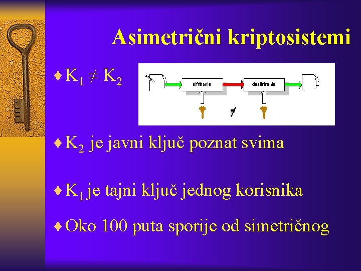 Asimetrični kriptosistemi ¨ K 1 ≠ K 2 ¨ K 2 je javni ključ