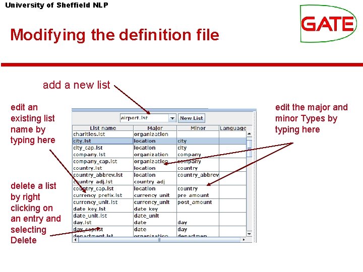 University of Sheffield NLP Modifying the definition file add a new list edit an University of Sheffield NLP Modifying the definition file add a new list edit an