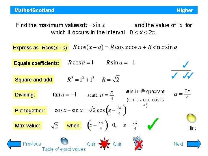 Maths 4 Scotland Higher Find the maximum value of and the value of x