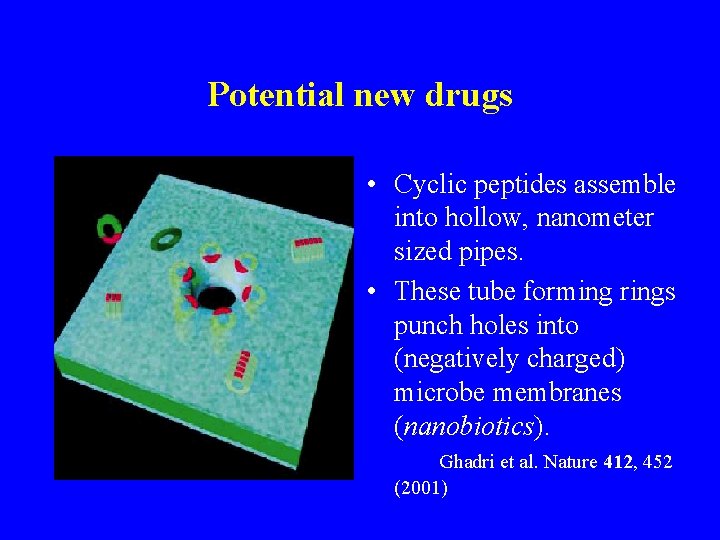 Potential new drugs • Cyclic peptides assemble into hollow, nanometer sized pipes. • These