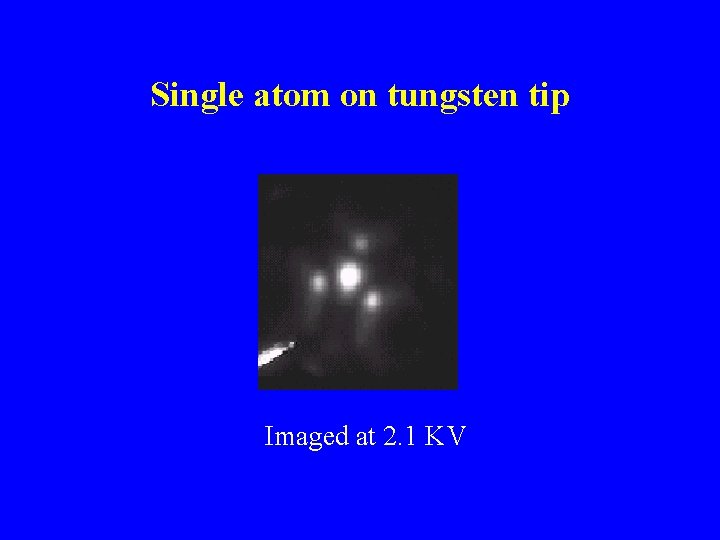 Single atom on tungsten tip Imaged at 2. 1 KV 