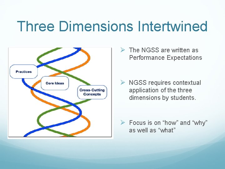 Three Dimensions Intertwined Ø The NGSS are written as Performance Expectations Ø NGSS requires