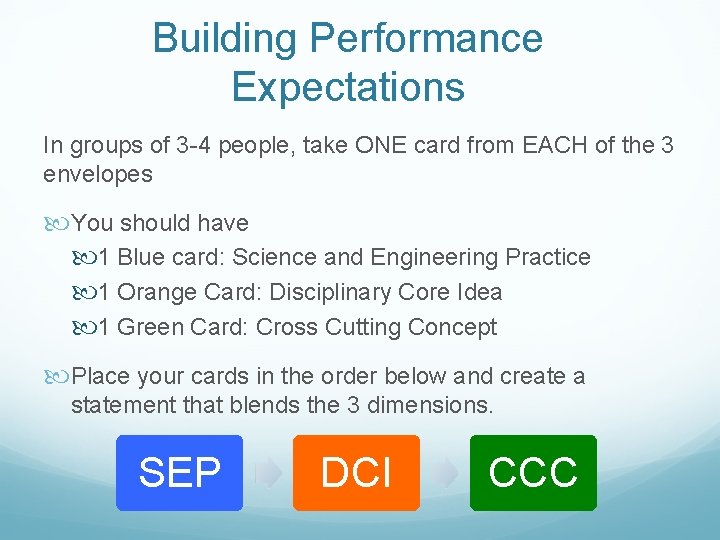 Building Performance Expectations In groups of 3 -4 people, take ONE card from EACH