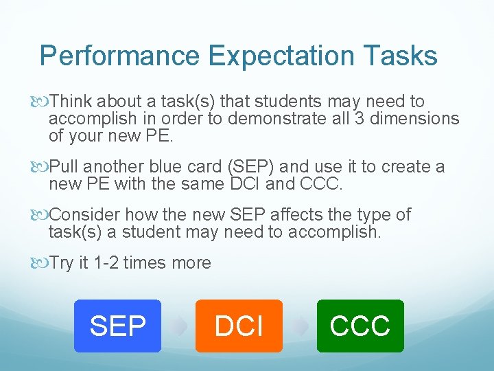 Performance Expectation Tasks Think about a task(s) that students may need to accomplish in