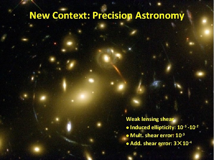 New Context: Precision Astronomy Weak lensing shear l Induced ellipticity: 10 -3 -10 -2