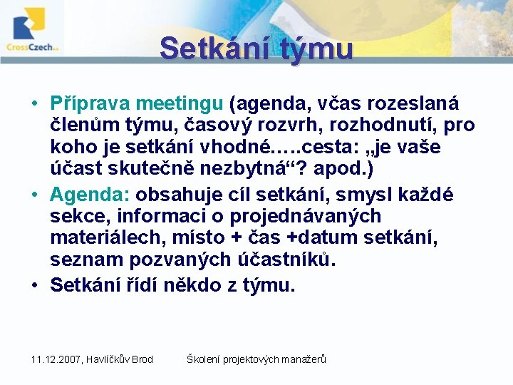 Setkání týmu • Příprava meetingu (agenda, včas rozeslaná členům týmu, časový rozvrh, rozhodnutí, pro