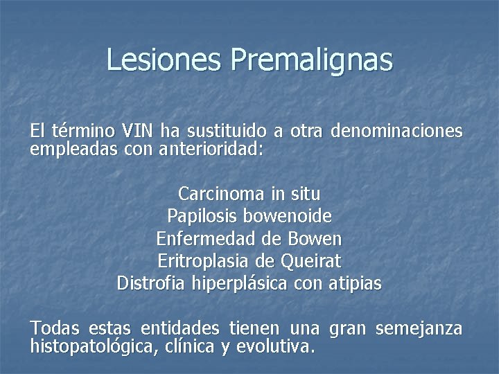 Lesiones Premalignas El término VIN ha sustituido a otra denominaciones empleadas con anterioridad: Carcinoma