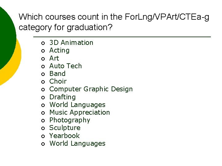 Which courses count in the For. Lng/VPArt/CTEa-g category for graduation? ¡ ¡ ¡ ¡
