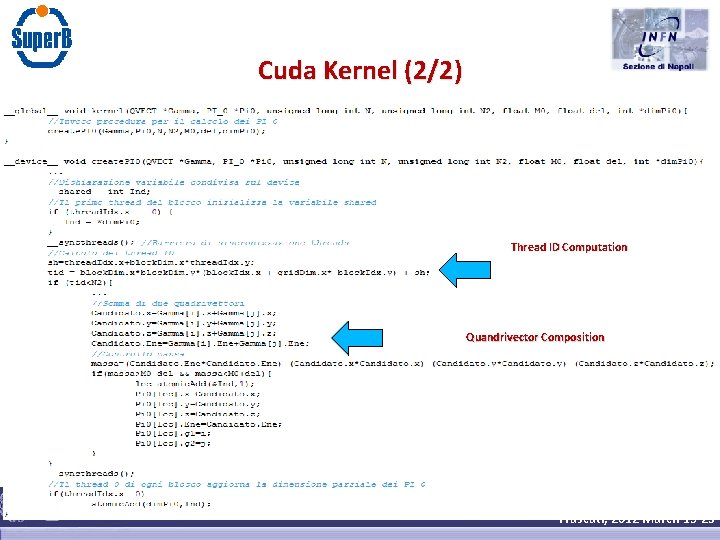 Cuda Kernel (2/2) Thread ID Computation Quandrivector Composition S. Pardi Frascati, 2012 March 19