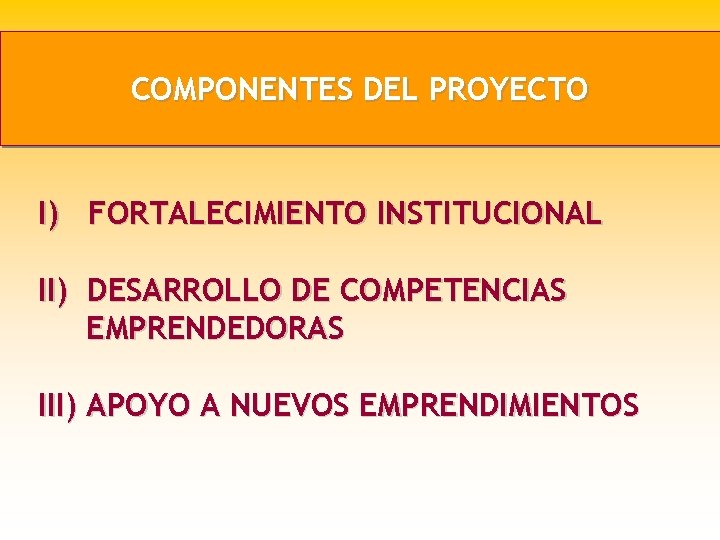 COMPONENTES DEL PROYECTO I) FORTALECIMIENTO INSTITUCIONAL II) DESARROLLO DE COMPETENCIAS EMPRENDEDORAS III) APOYO A