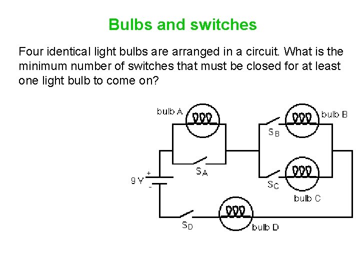 Bulbs and switches Four identical light bulbs are arranged in a circuit. What is
