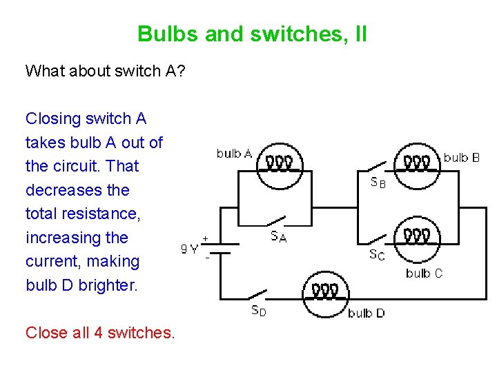 Bulbs and switches, II What about switch A? Closing switch A takes bulb A