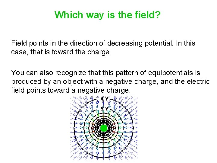Which way is the field? Field points in the direction of decreasing potential. In