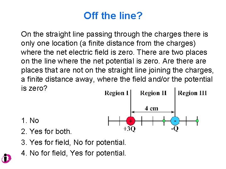 Off the line? On the straight line passing through the charges there is only