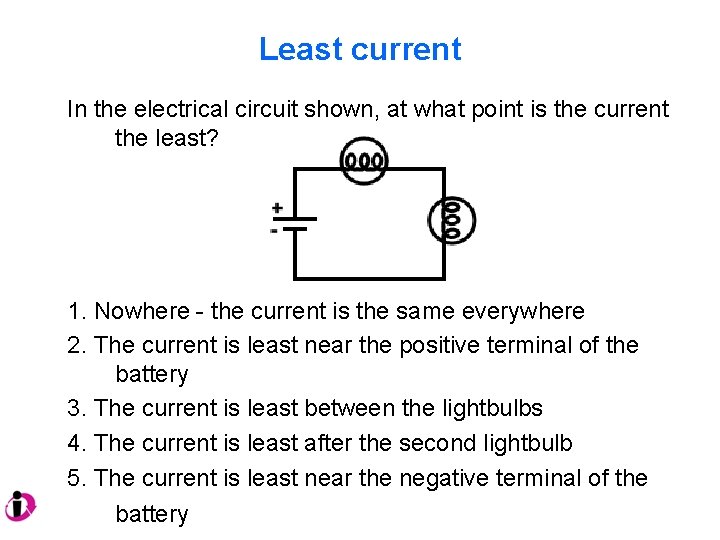 Least current In the electrical circuit shown, at what point is the current the