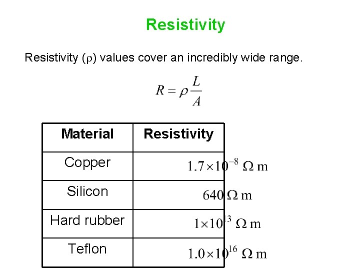 Resistivity (r) values cover an incredibly wide range. Material Copper Silicon Hard rubber Teflon
