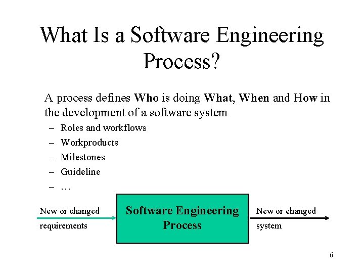 What Is a Software Engineering Process? A process defines Who is doing What, When