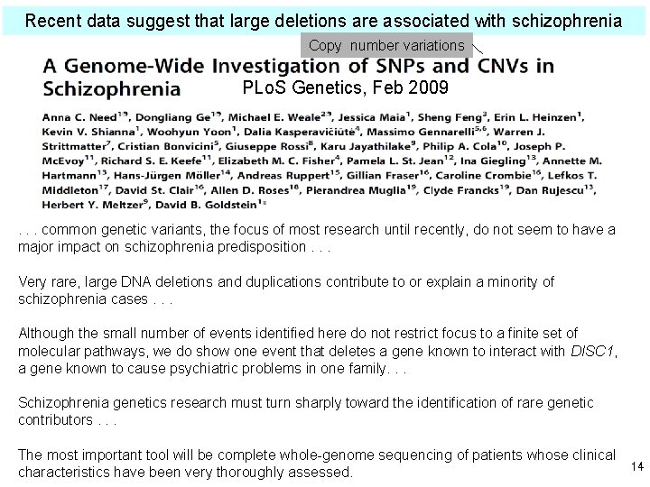 Recent data suggest that large deletions are associated with schizophrenia Copy number variations PLo.