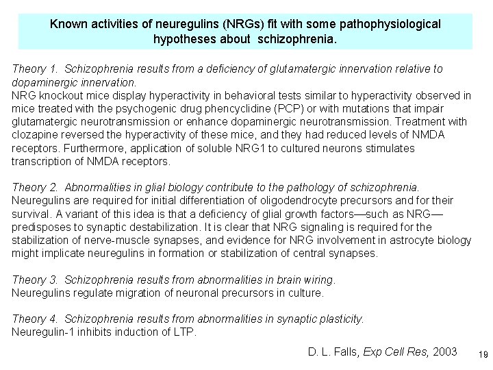 Known activities of neuregulins (NRGs) fit with some pathophysiological hypotheses about schizophrenia. Theory 1.