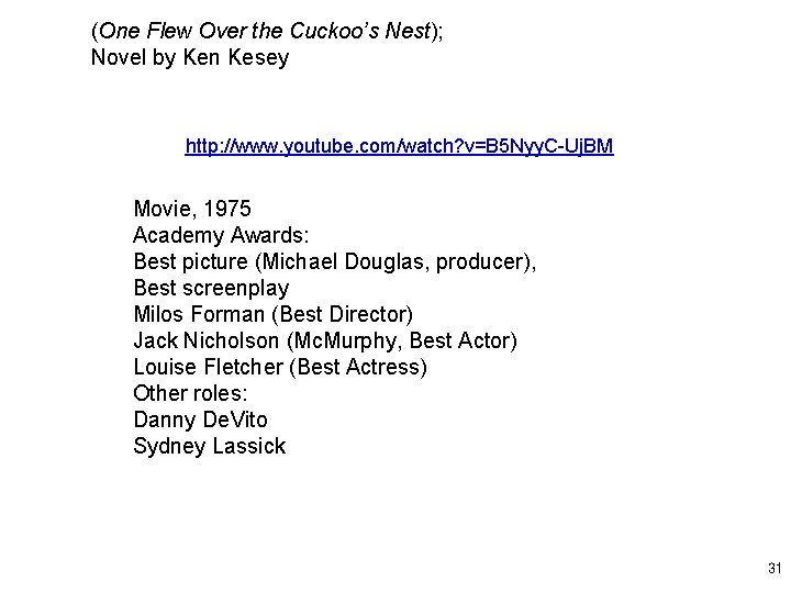 (One Flew Over the Cuckoo’s Nest); Novel by Ken Kesey http: //www. youtube. com/watch?