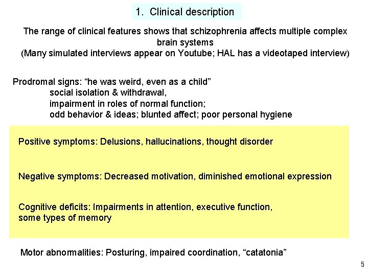 1. Clinical description The range of clinical features shows that schizophrenia affects multiple complex