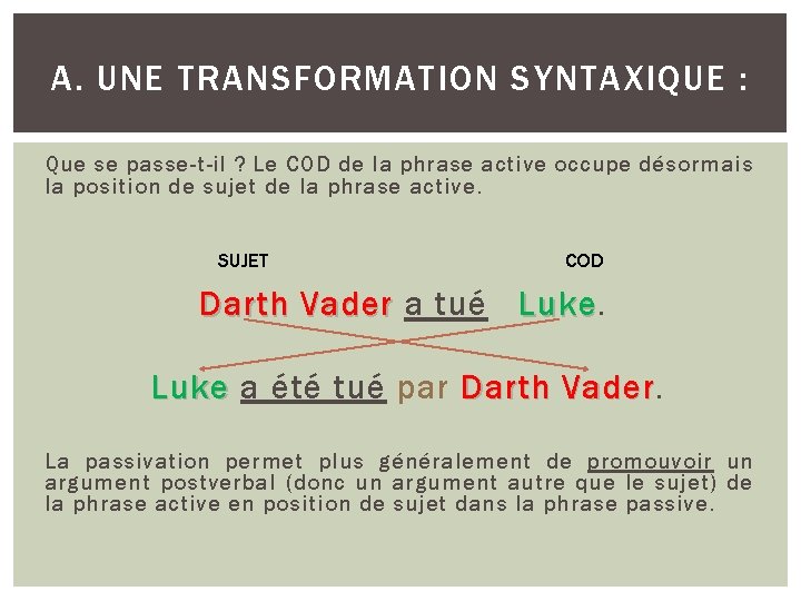 A. UNE TRANSFORMATION SYNTAXIQUE : Que se passe-t-il ? Le COD de la phrase