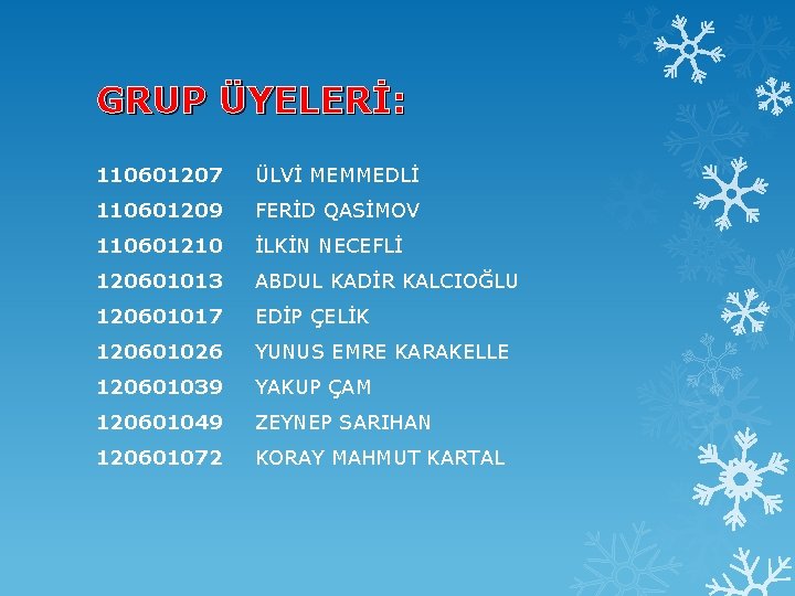 GRUP ÜYELERİ: 110601207 ÜLVİ MEMMEDLİ 110601209 FERİD QASİMOV 110601210 İLKİN NECEFLİ 120601013 ABDUL KADİR