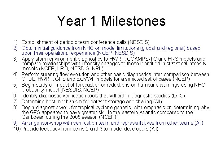 Year 1 Milestones 1) Establishment of periodic team conference calls (NESDIS) 2) Obtain initial