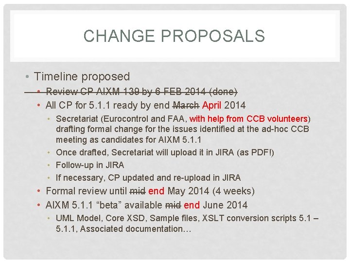 CHANGE PROPOSALS • Timeline proposed • Review CP AIXM-139 by 6 FEB 2014 (done)