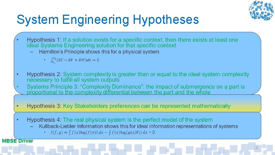 System Engineering Hypotheses • MBSE Driver 6 