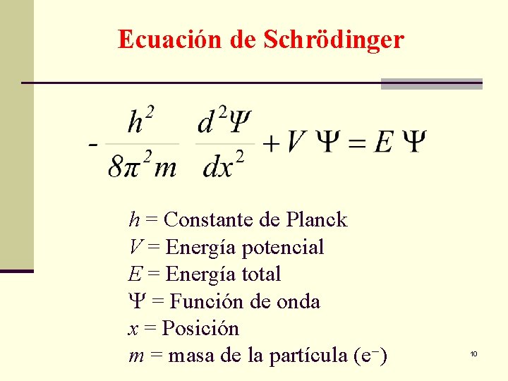 Ecuación de Schrödinger h = Constante de Planck V = Energía potencial E =