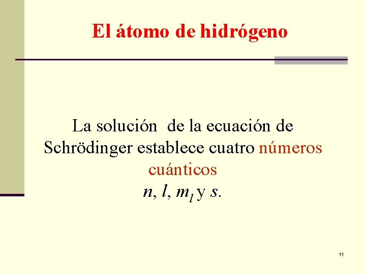 El átomo de hidrógeno La solución de la ecuación de Schrödinger establece cuatro números