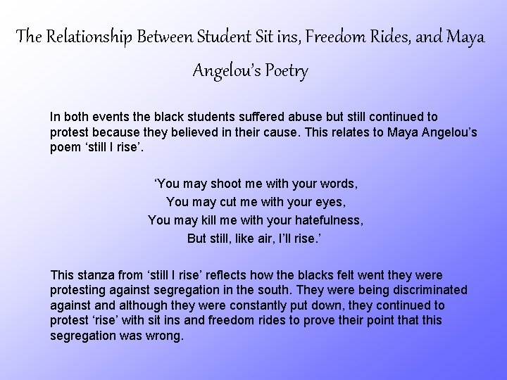 The Relationship Between Student Sit ins, Freedom Rides, and Maya Angelou’s Poetry In both