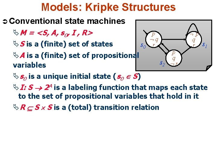 Models: Kripke Structures Ü Conventional state machines ÄM = <S, A, s 0, I