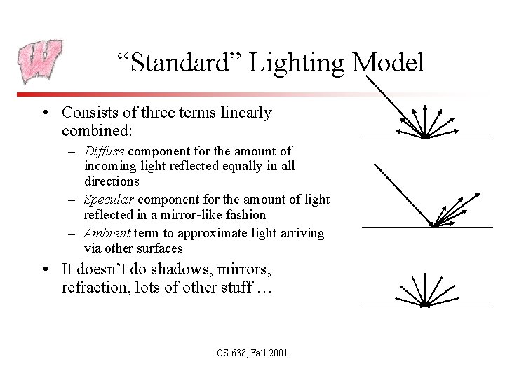 “Standard” Lighting Model • Consists of three terms linearly combined: – Diffuse component for