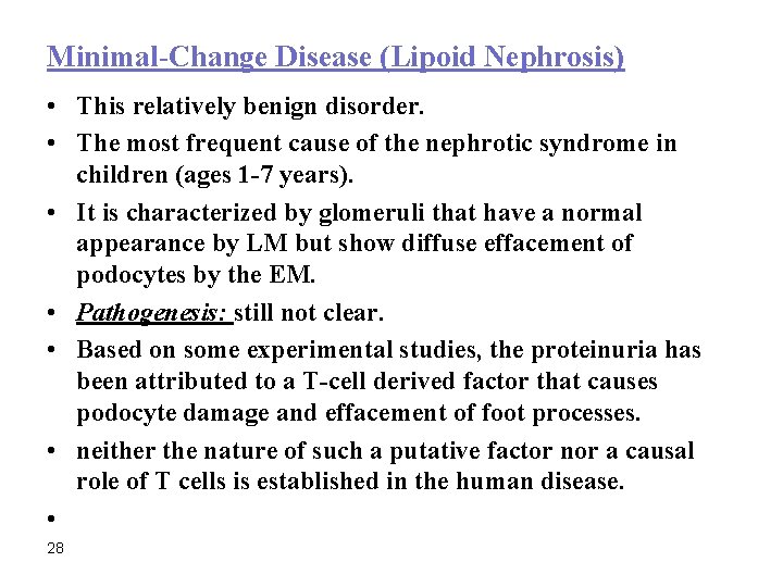 Minimal-Change Disease (Lipoid Nephrosis) • This relatively benign disorder. • The most frequent cause