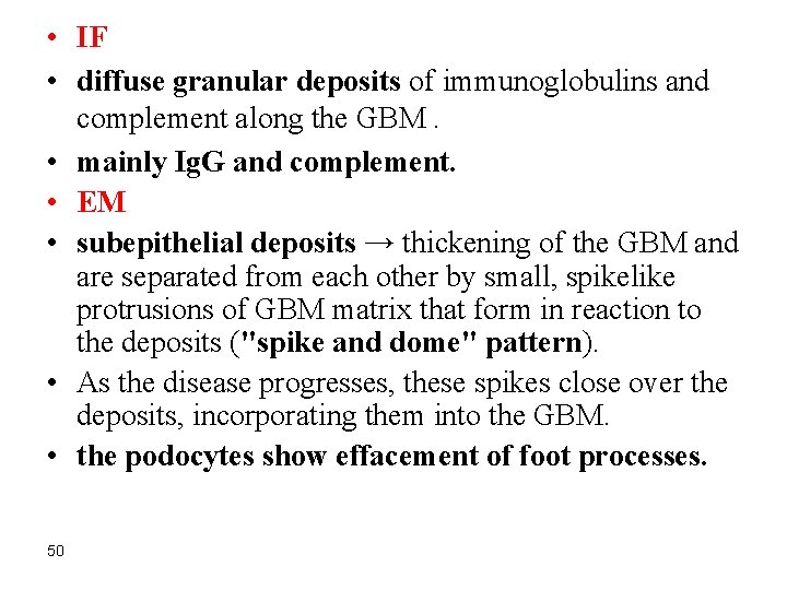  • IF • diffuse granular deposits of immunoglobulins and complement along the GBM.