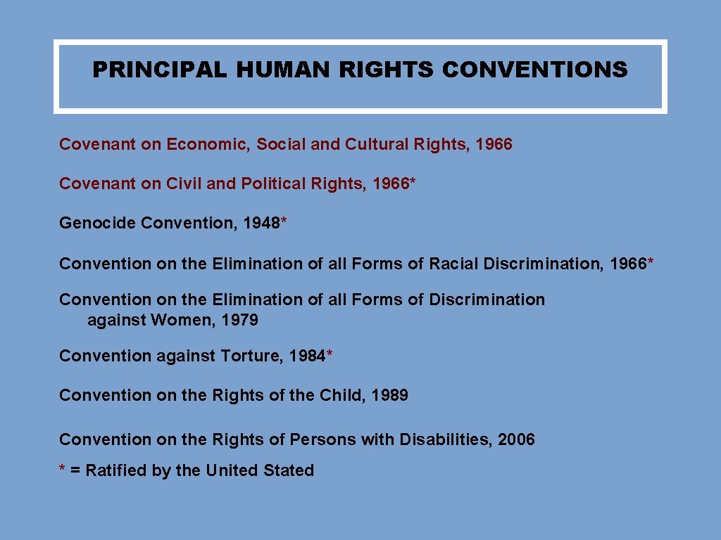 PRINCIPAL HUMAN RIGHTS CONVENTIONS Covenant on Economic, Social and Cultural Rights, 1966 Covenant on