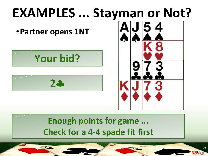 EXAMPLES. . . Stayman or Not? • Partner opens 1 NT Your bid? 2