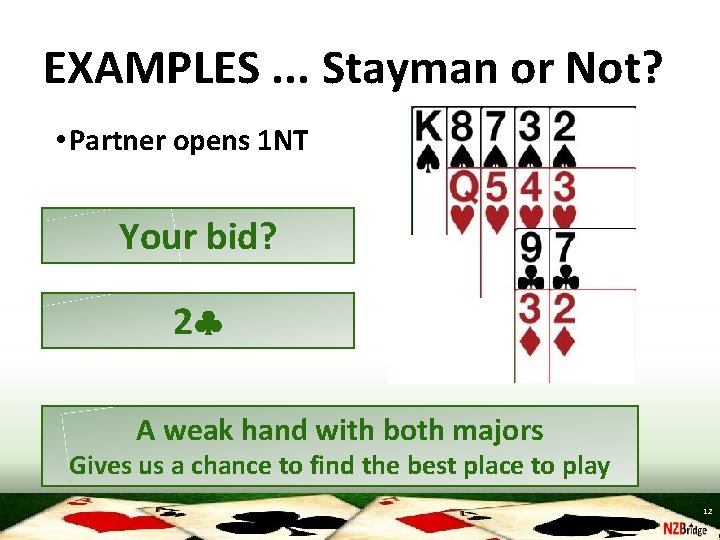 EXAMPLES. . . Stayman or Not? • Partner opens 1 NT Your bid? 2