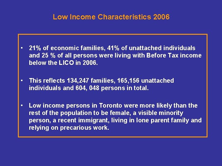 Low Income Characteristics 2006 • 21% of economic families, 41% of unattached individuals and