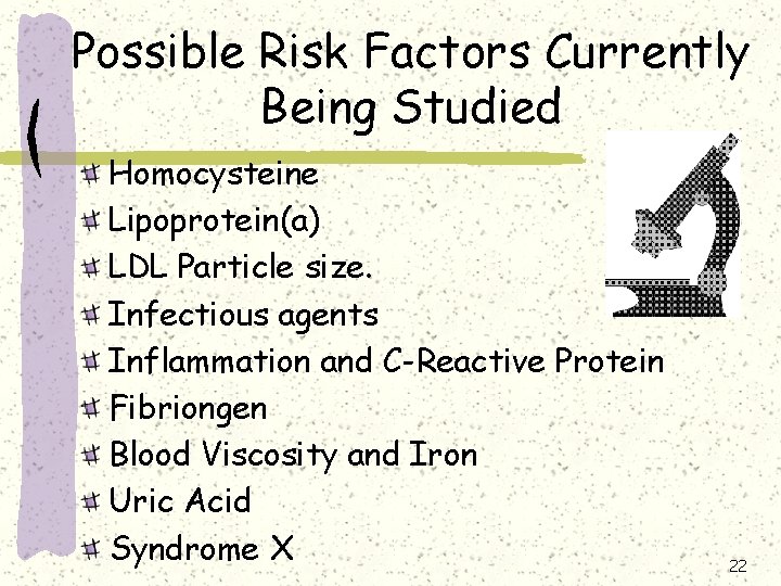Possible Risk Factors Currently Being Studied Homocysteine Lipoprotein(a) LDL Particle size. Infectious agents Inflammation
